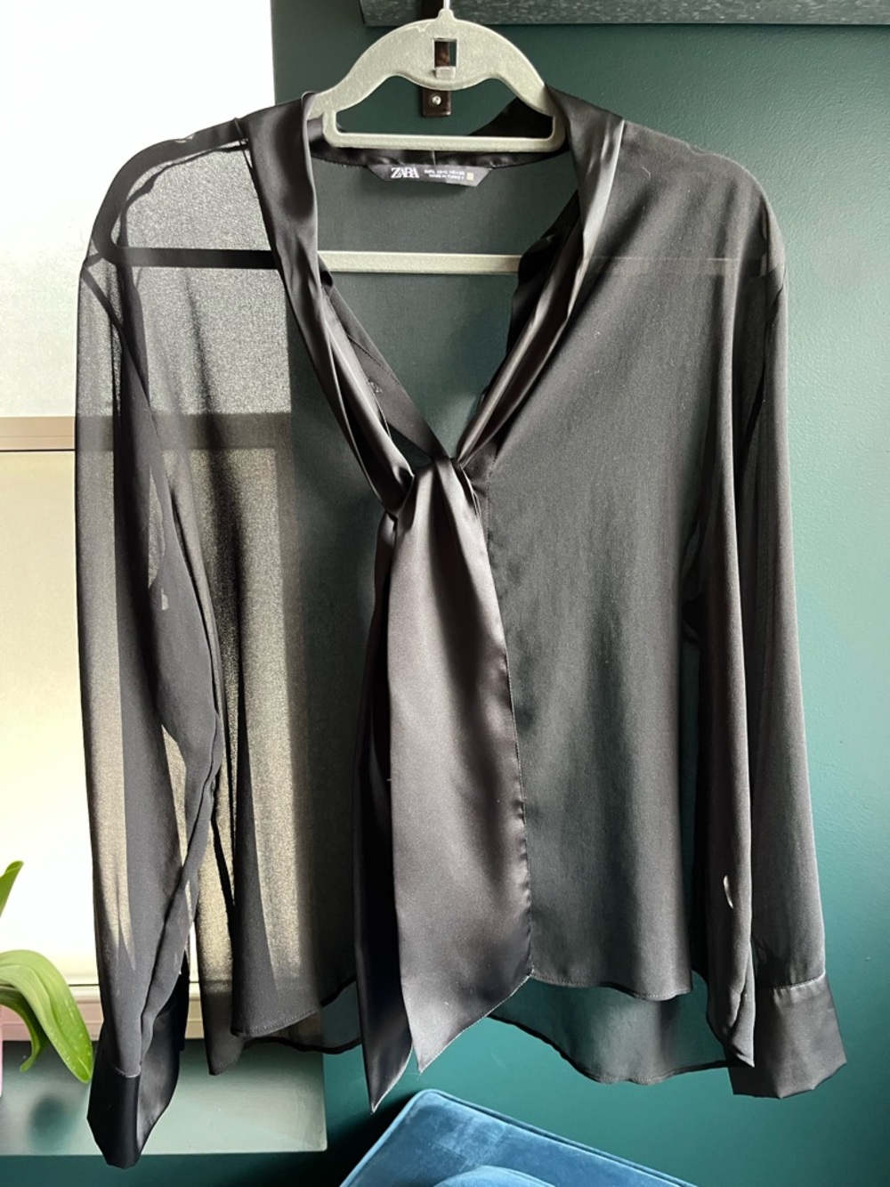 Zara Black Sheer Satin Tie-Neck Blouse